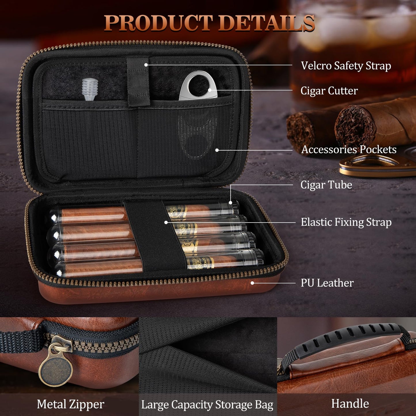 AWOTE Travel Leather Cigar Case with Cigar Torch Lighter, Cigar Bag with 4 Cigar Tubes, Include Cigar Accessories
