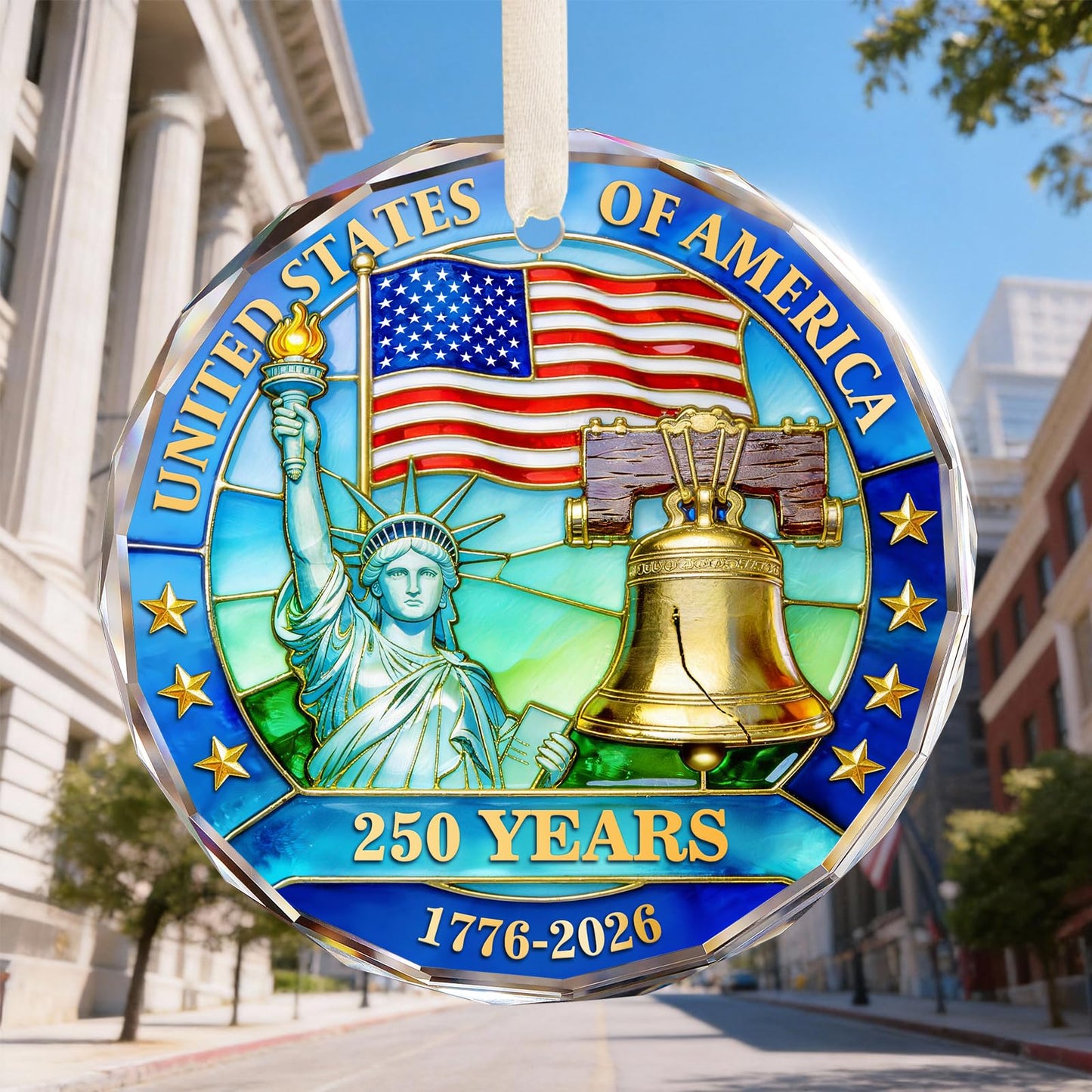 250 Anniversary USA Ornament for 4th of July Decorations, Crystal Glass 1776-2026 Liberty Bell Memorial Day Decorations, USA 250th Anniversary Merchandise Fourth of July Gifts for Men Women