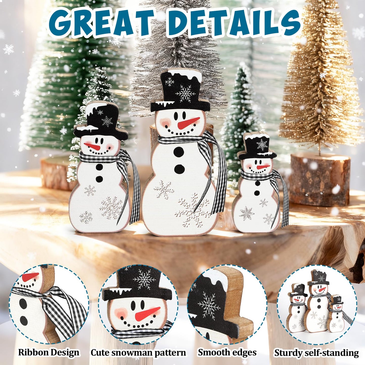 3 Pcs Christmas Snowman Table Decor Wooden Snowman Tables Centerpieces Block Winter Wood Tabletop Sign Rustic Merry Xmas Decorations Indoor for Tiered Tray Office Desk Shelf Home Mantel Holiday Party