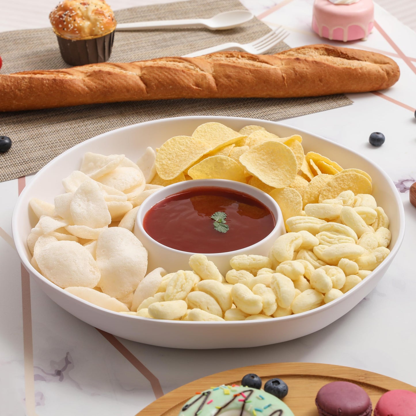 ZAROCRUS Chip and Dip Serving Set Divided Serving Platter Appetizers and Cheeses Serving Tray White Compartment Dishes for Party, Christmas, Dessert, Fruit, Candy, 13-inch Set of 2