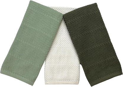 Sage White Dark Green Kitchen Hand Dish Towels: Oversized 28" x 18", 100%