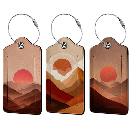 Boho Sun Mountain 3 Pack Luggage Tags, PU Leather Luggage Tags for Suitcase,Name ID Labels with Privacy Cover Suitcases and Metal Loop for Travel Bag Suitcase