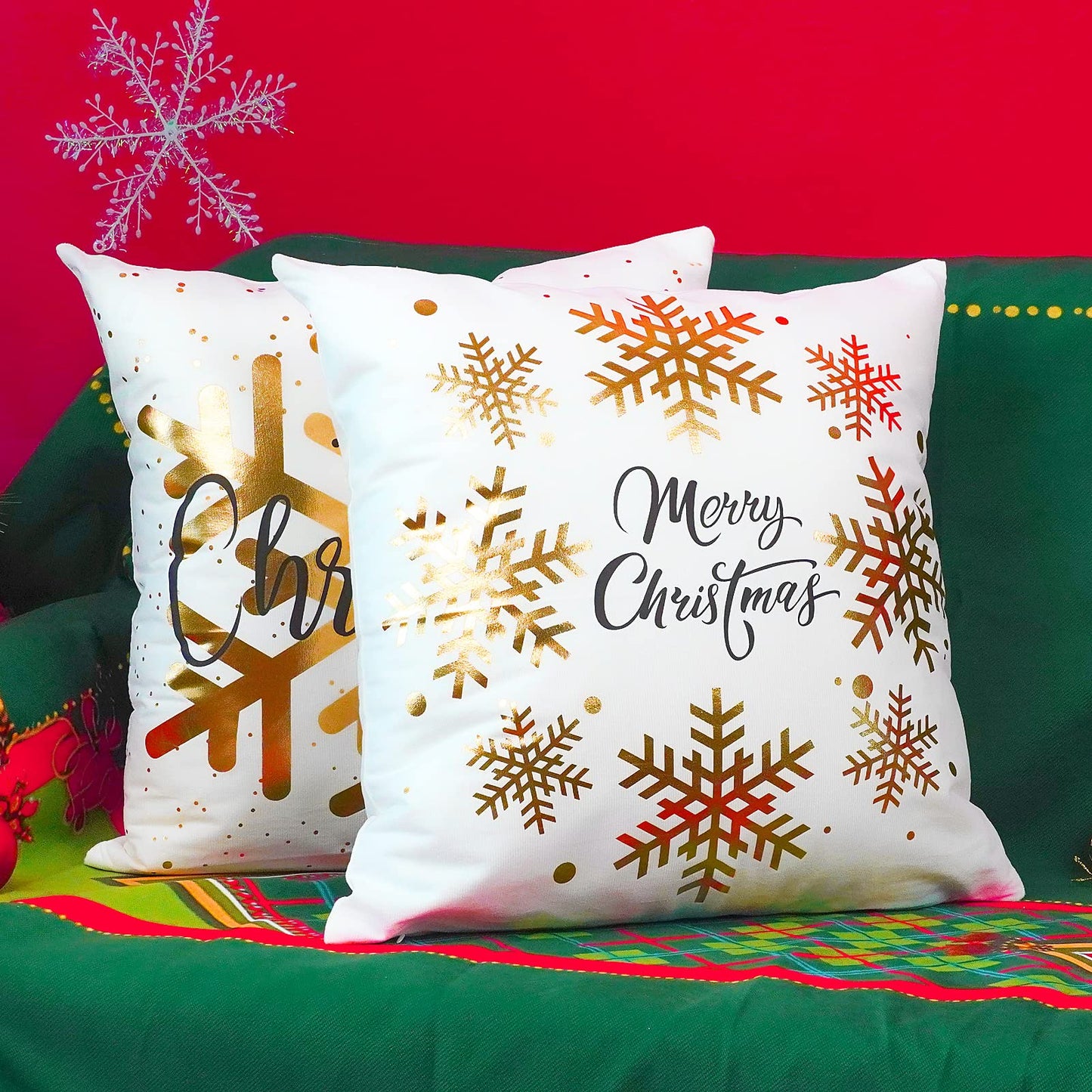 ONWAY Christmas Decorations Gold White Throw Pillow Covers 18x18 Set of 4 Snowflakes Reindeer Decorative Cushion Cases Xmas Golden Decor for Couch Sofa Bedroom