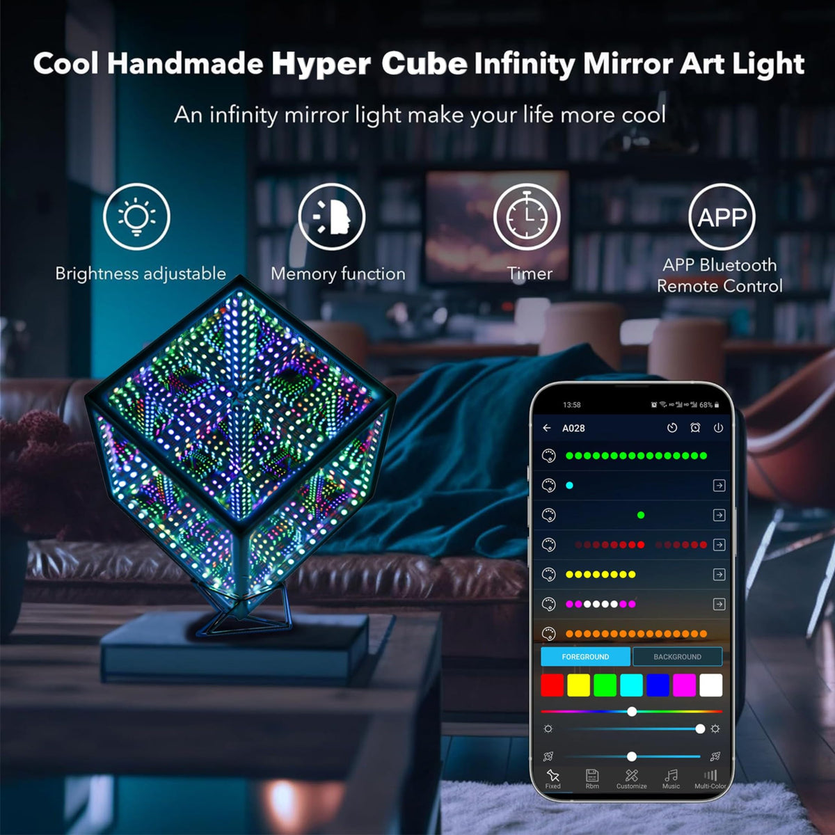 Heepulor Infinity Mirror Hyper Cube Table Lamp, Desk Art Night Light, Color-Changing Music-Sync APP-Controlled Ambient Light for Gaming, Party, Home, Gift (10 Inches)