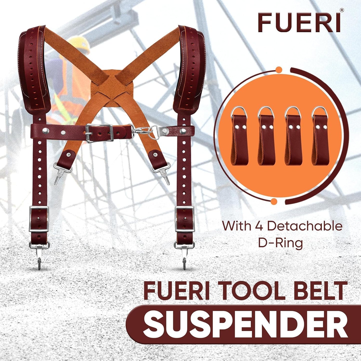 FUERI Leather Tool Belts with Suspender for Men, Heavy-Duty Durable Carpenter Tool Rig Organizer With 19 Pockets-2 Pouches, Padded Suspender, Hammer Holder, D-Loops & Foam-Padded Belt Electricians