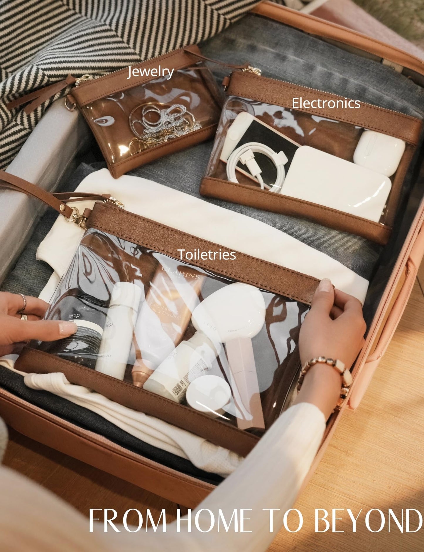 Popvibe Clear Makeup Bag with Zipper Travel Pouch Organizer Bag for Purse Cosmetic Bag Women Clear Travel Bag for Toiletry Traveling Car Essential Make Up Bag Set 3 Pack Brown