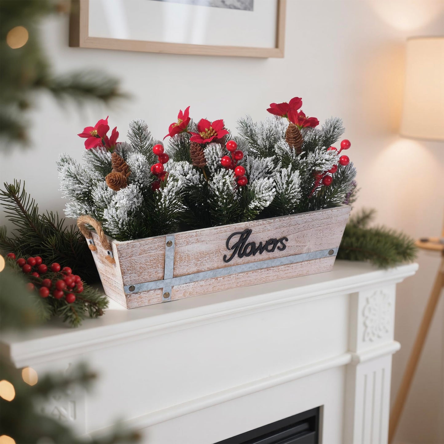 Artificial Christmas Centerpiece with Snowy Norfolk Pine Garland, Poinsettias, Berries & Pine Cones in Rustic Wood Planter – Holiday Table Decoration for Home, Kitchen, Office, or Mantel