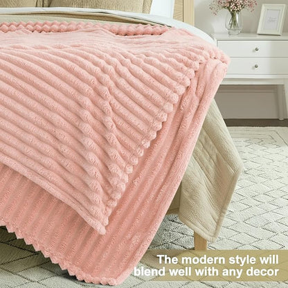 decorUhome Soft Fleece Pink Blanket King Size for Bed, Cozy Fluffy Plush Flannel Large Striped Throws for Couch Sofa, Lightweight Decorative Fuzzy Blanket for Woman, 108x90 Inches