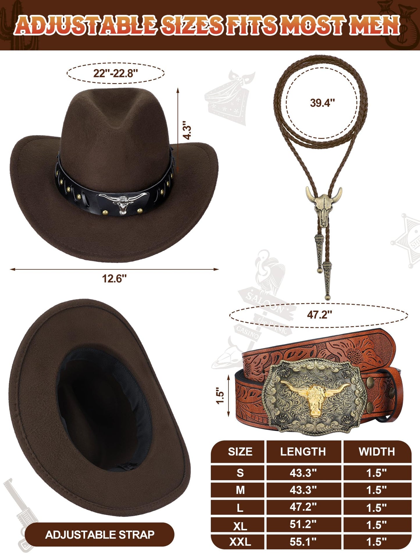 Cutecrop 4 Pcs Western Cowboy Outfits for Men Suede Leather Vest Hat Bolo Tie Belt for Western Halloween Cosplay(Medium,Brown)