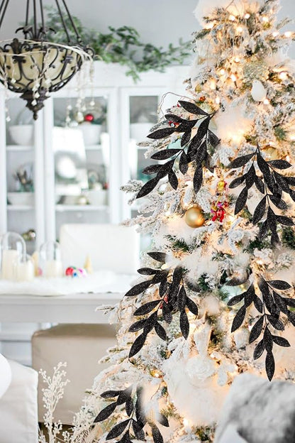 DILATATA 6Pcs Christmas Glitter Leaves Bay Leaves Spray 24" Artificial Black Bay Leaf Picks Sprays Giltter Stems for Halloween Centerpiece Christmas Home Decor Home Decor - Black