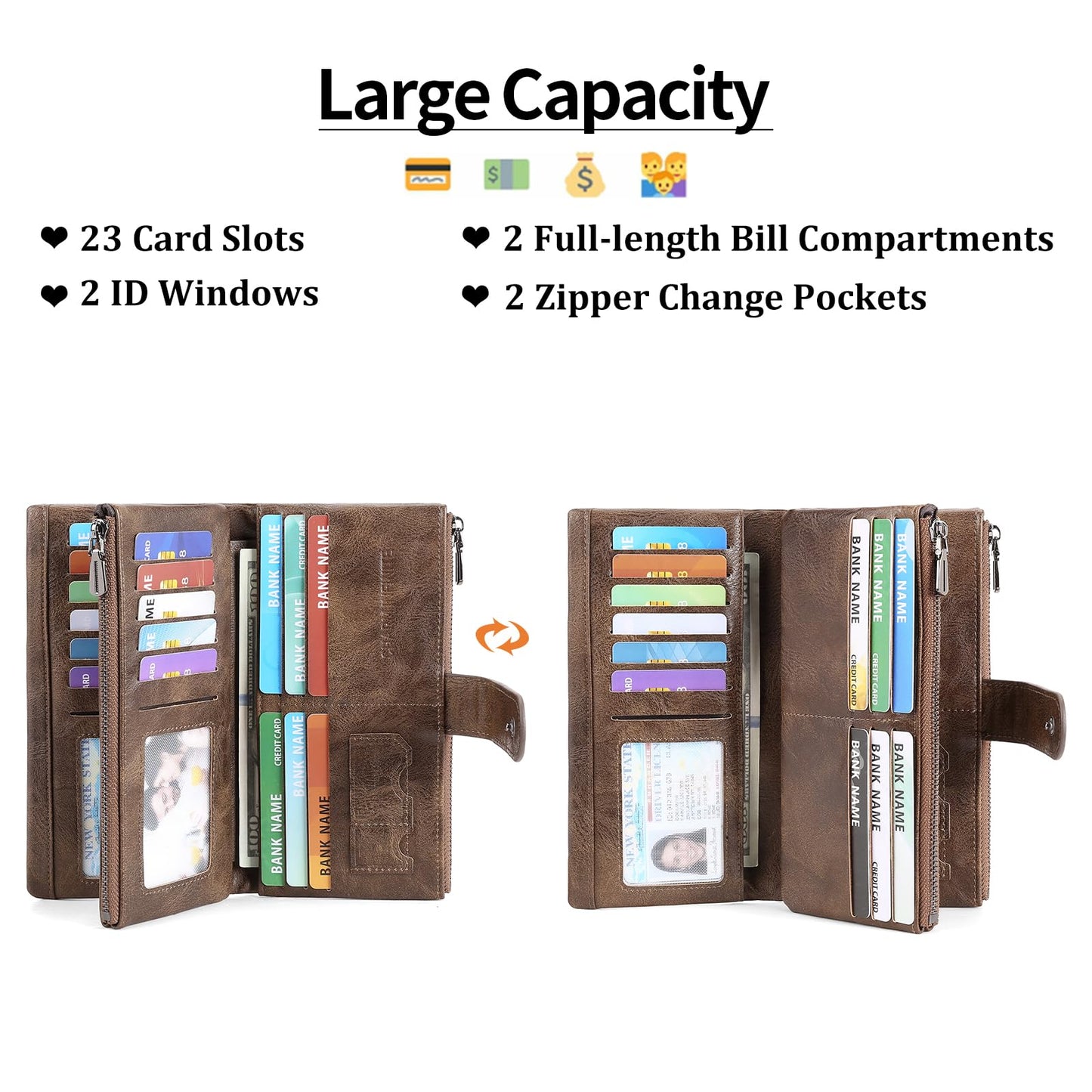 FALAN MULE Womens Wallet RFID Blocking Large Capacity Card Holder Vegan Leather Trifold Wallets