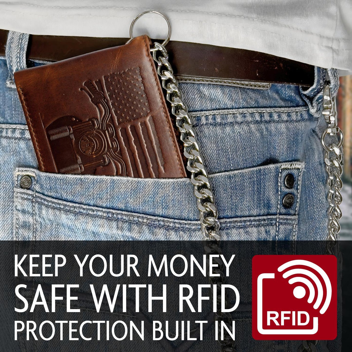 MID WEST RANGE Father's Day Wallet - Patriotic Biker Bifold Wallet with Chain for Men – Distressed Brown Leather, RFID-Blocking w. 10 Card Slots, Flip-Out ID Holder, American Flag & Motorcycle Design