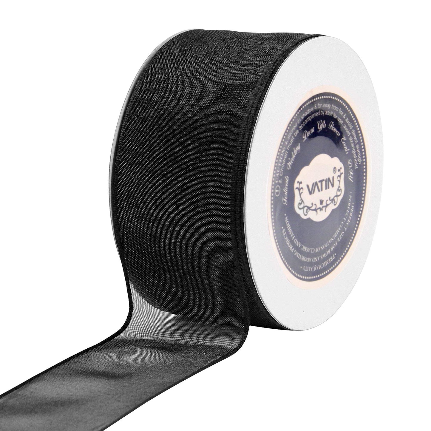 VATIN Black Organza Wired Ribbon, 1-1/2" Black Sheer Ribbon with Metallic Edge for Christmas Tree Decoration Gift Wrapping Wedding Crafts -25 Yards