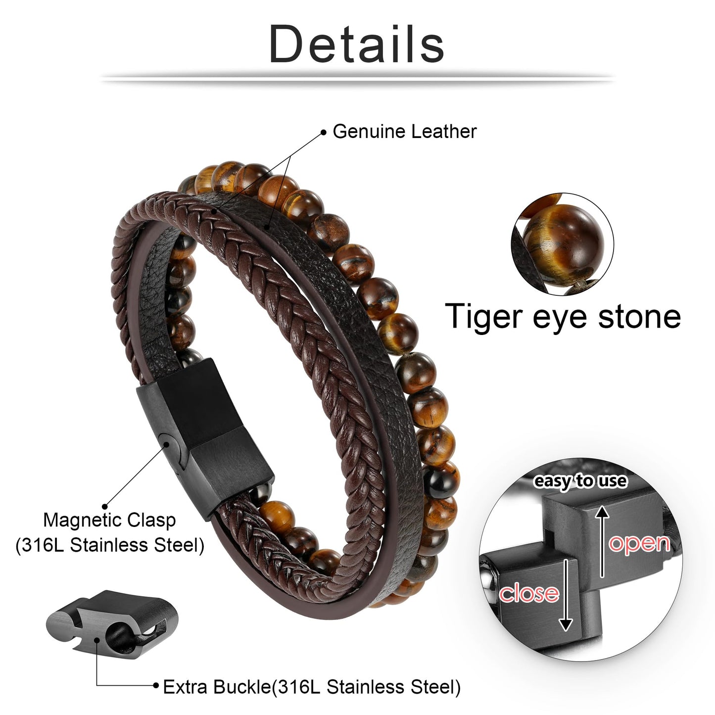 Ailetop Tiger Eye Bracelet Men - Mens Bracelets Beads Adjustable Braided Leather Bracelet for Men Brown Leather Mens Beaded Bracelets Men's Jewelry Birthday Gifts for Dad Husband Son