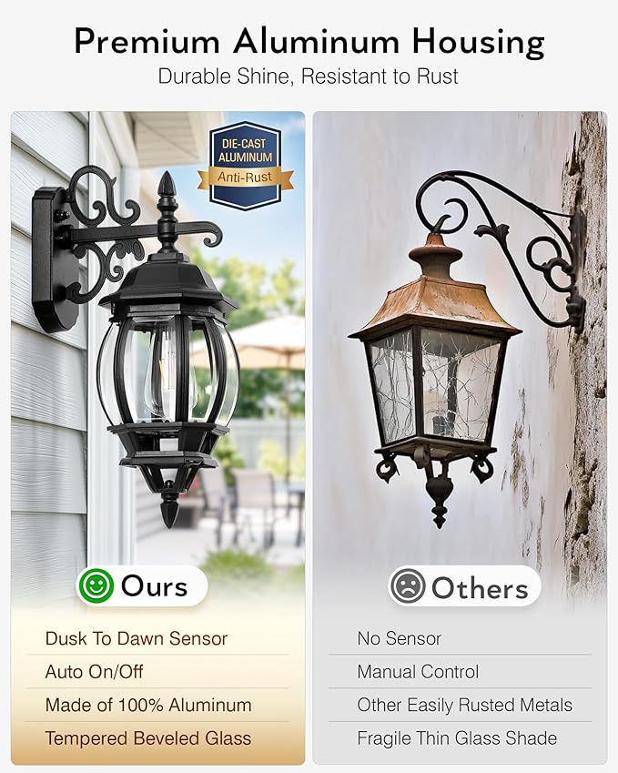 VIANIS Dusk to Dawn Outdoor Lighting Fixture for House, Black Exterior Wall Light Wall Mount Sconce with Tempered Glass, Modern Front Porch Light Lantern for Patio, Anti-Rust Coach Lights for Garage