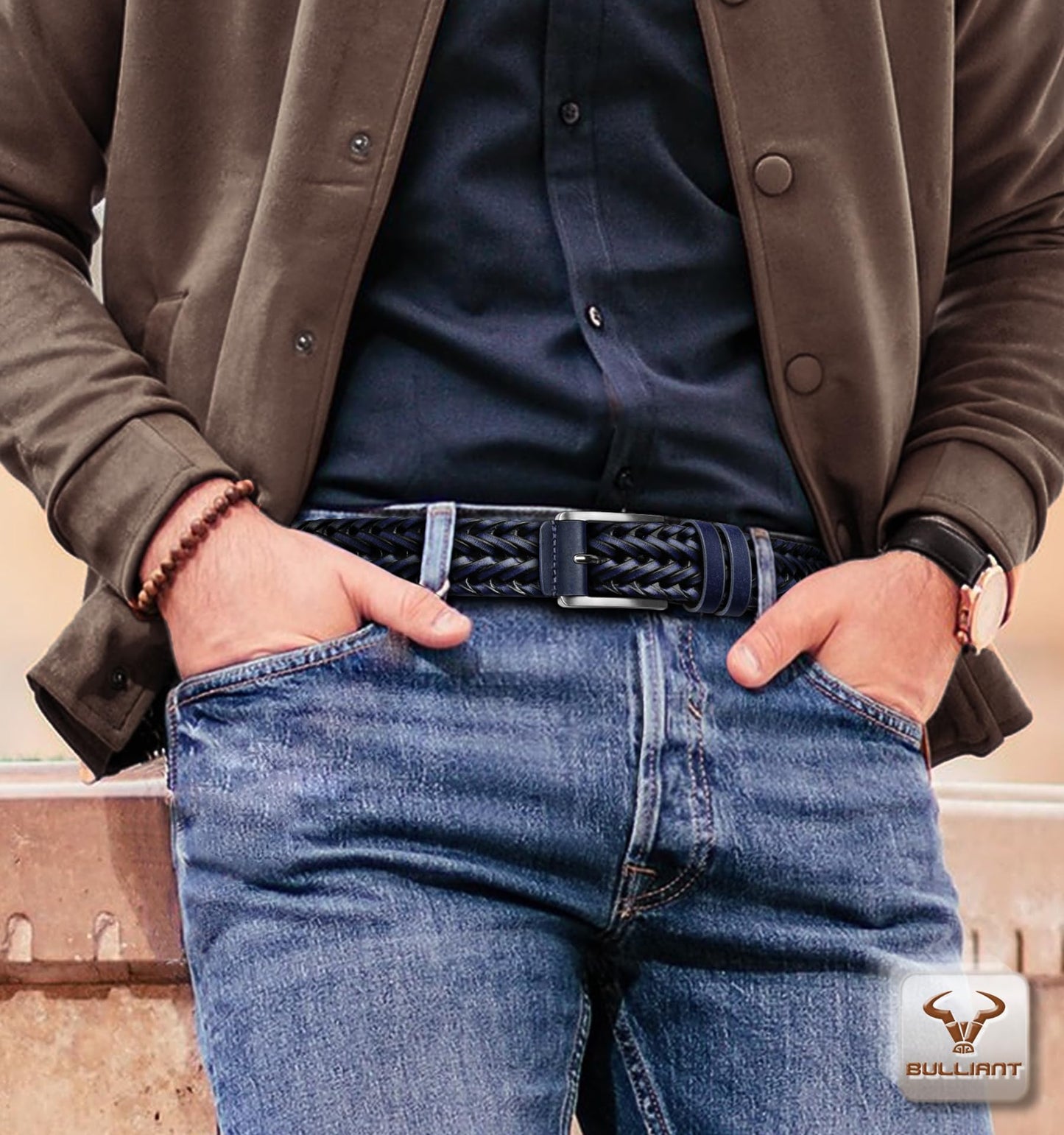 BULLIANT Men Belt, Braided Leather Belt Adjustable For Men Casual Jeans Golf 1 3/8"(Black/Blue,26"-30" Waist Adjustable)