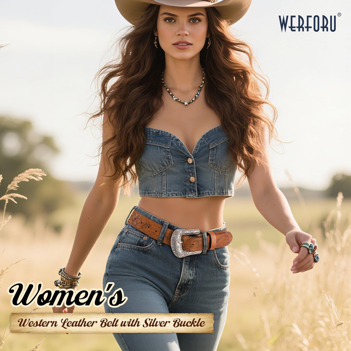 WERFORU 2 Pack Women Western Leather Belts for Jeans Western Belts with Big Buckle Country Belts for Cowgirls