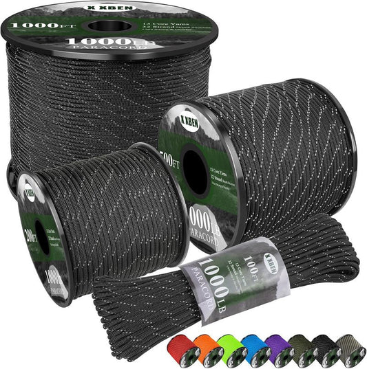 Reflective Paracord 1000lb - Heavy Duty 4mm 13 Strand Rope for Camping, Fishing, Hiking | Black 50/100/200/500/1000ft