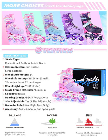 2PM SPORTS Kids Inline Skates Girls Ages 5-8 8-12 4-6 6-12 10-14 with Light Up Wheels, Adjustable Kids Blades Roller Skates for Girls Beginner Youth Outdoor Size 11C 1 2 3 4 5 6 7 8 Pink Butterfly