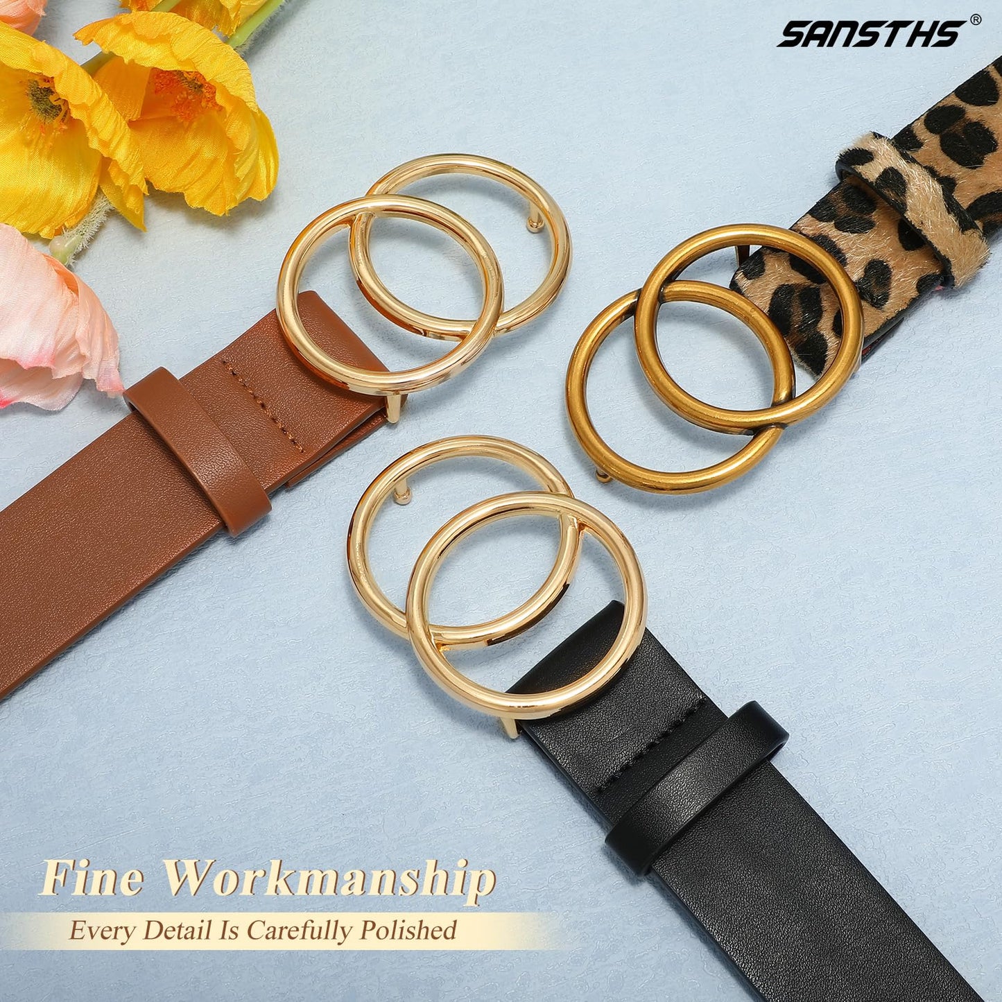 SANSTHS 3 Pack Women Waist Belts for Jeans Pants Dresses, Ladies Belt with Double O-Ring Gold Buckle, Black+Brown+Leopard M