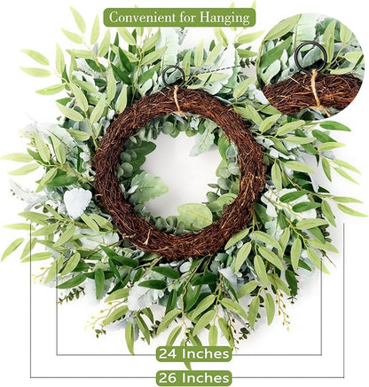 26 Inch Eucalyptus Front Door Wreath for All Season, Large Greenery Lambs Ear Wreath Use for Home Decor Porch Outdoor Indoor Hanging, Modern Farmhouse Style