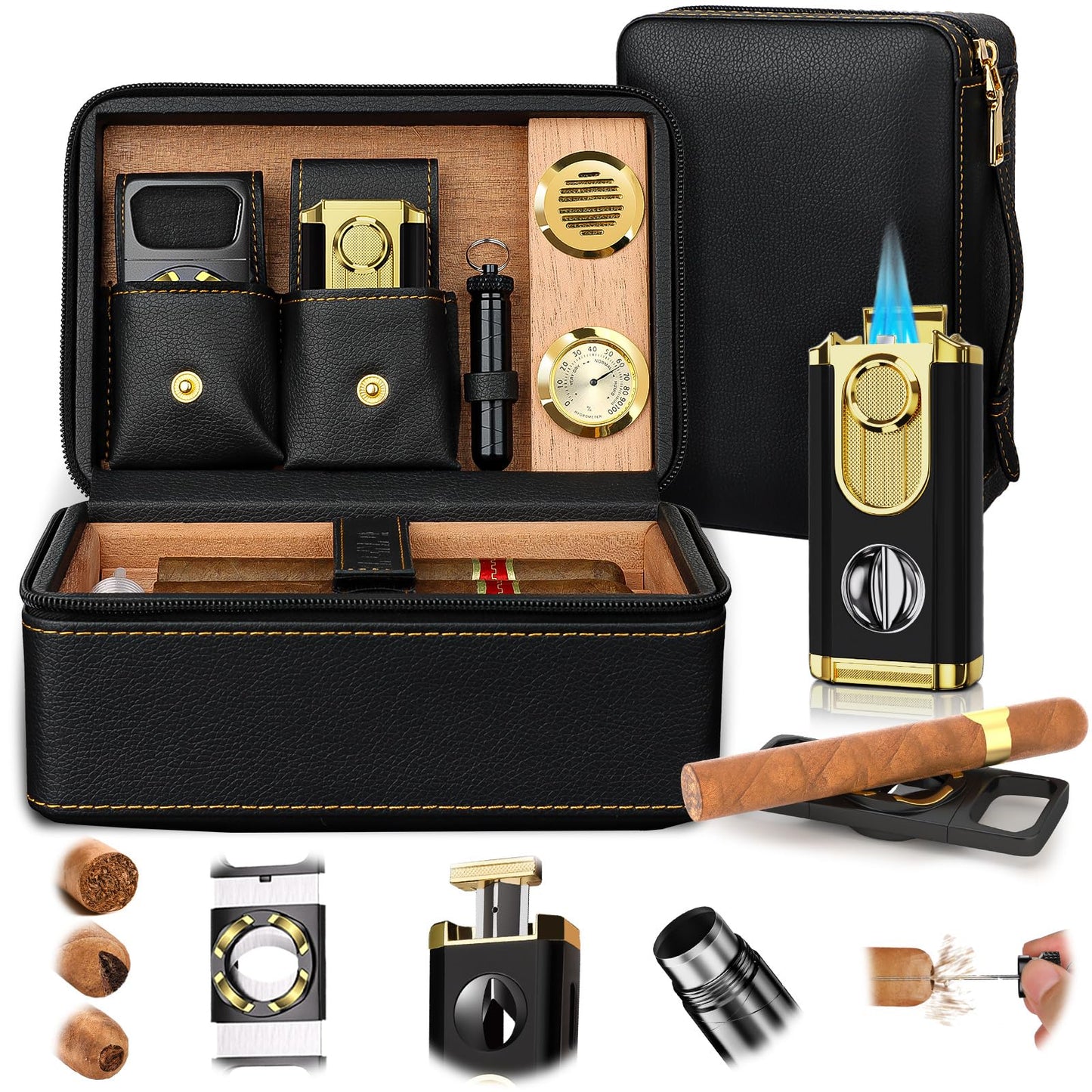 Travel Cigar Humidor Set, 2-Layer Design & CedarWood Lined, with Cigar Lighter Built-in V Cutter&Holder, Cigar Cutter, Draw Enhancer, Hygrometer, Humidifier, Portable Leather Cigar Case, Gifts for Men