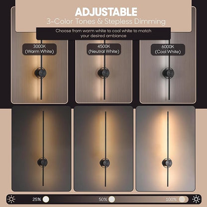 Battery Operated Wall Sconces - Set of Two, 31" in Matte Black - 6000 mAh Rechargeable Wall Sconce, 3 Color Temperatures, 350° Rotating, & Dimmable - Wireless LED Lights with Remote Control & Timer