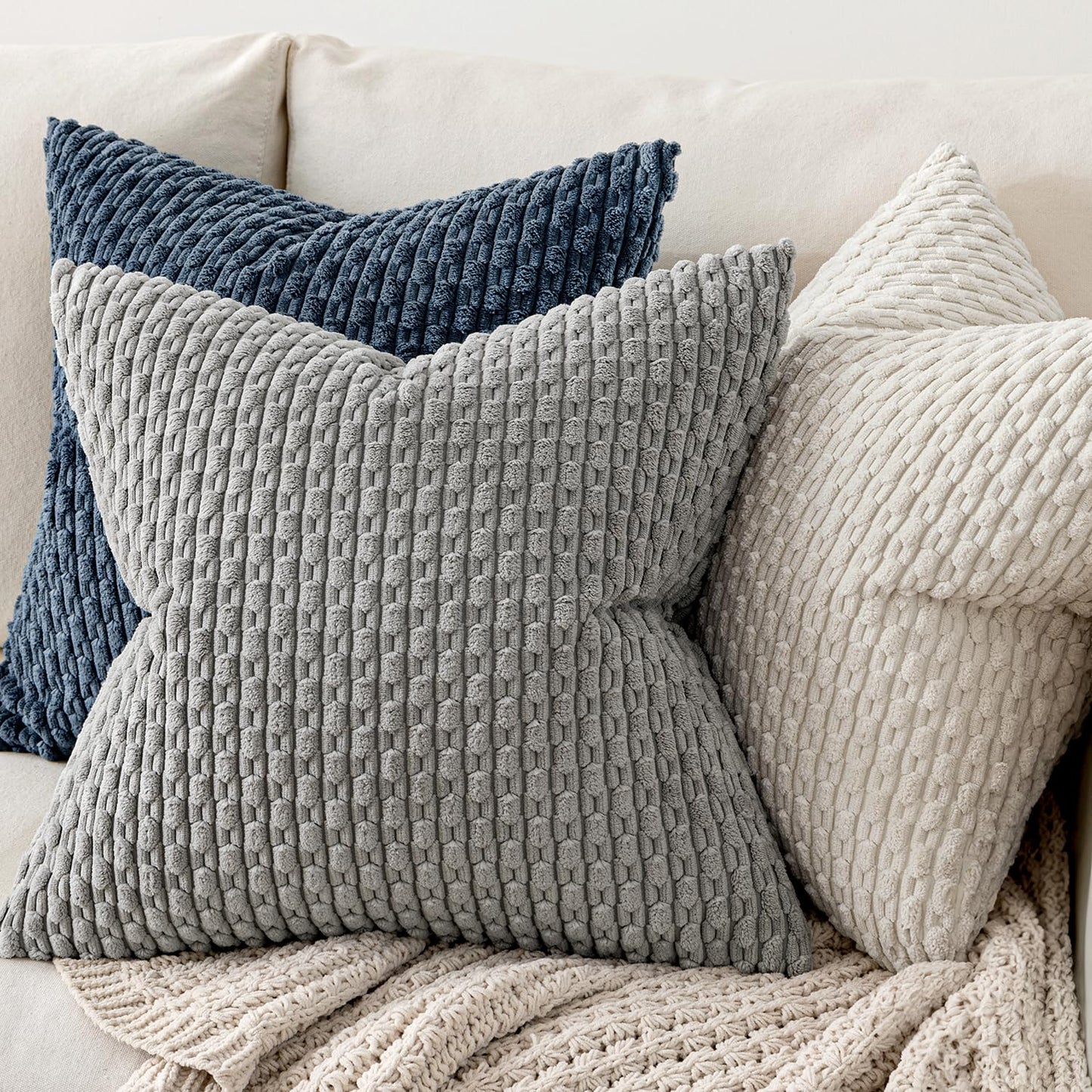 MIULEE Pack of 2 Decorative Throw Pillow Covers 20x20 Inch Soft Boho Striped Textured Corduroy Pillow Covers Modern Farmhouse Home Decor for Couch Bed Sofa Living Room Cream White