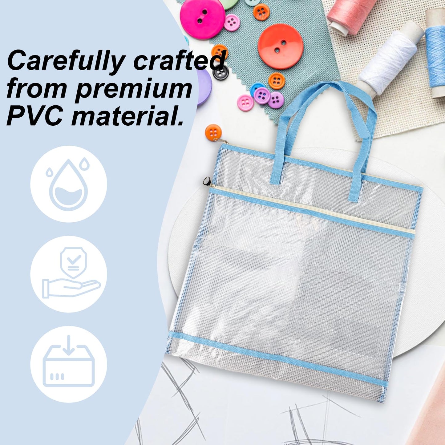 Daxolanz Jumbo Craft Project Bag 16.5”x16.5” – Portable See-Through Mesh Sewing Organizer with Handles & Zipper, Ideal for Quilting, Knitting, Needlepoint, Embroidery & Art Projects (Blue)