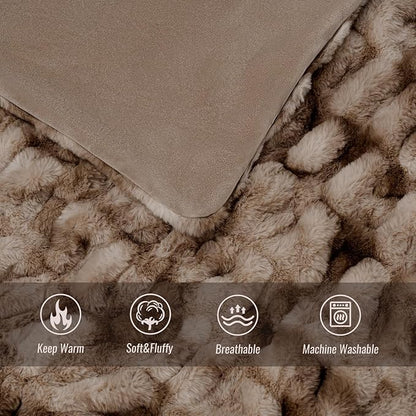 Ultra Soft Luxury Faux Fur Twin Blanket for Counch,Fuzzy Fluffy Plush Warm Cozy Elegant Wrinkled Blanket for Sofa Bedroom Living Room,（60"x80",Tie-dye Coffee）