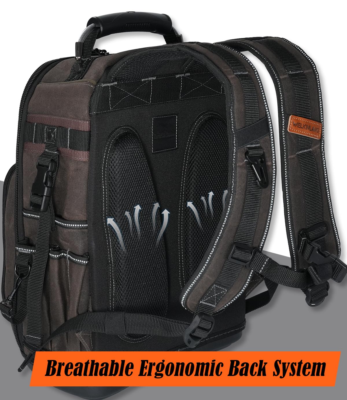 WELKINLAND 36-Pockets Electrician Backpack, Hard-Based HVAC Backpacks, Waxed-Canvas Technician Backpack, Heavy-Duty Tool Backpacks For Men