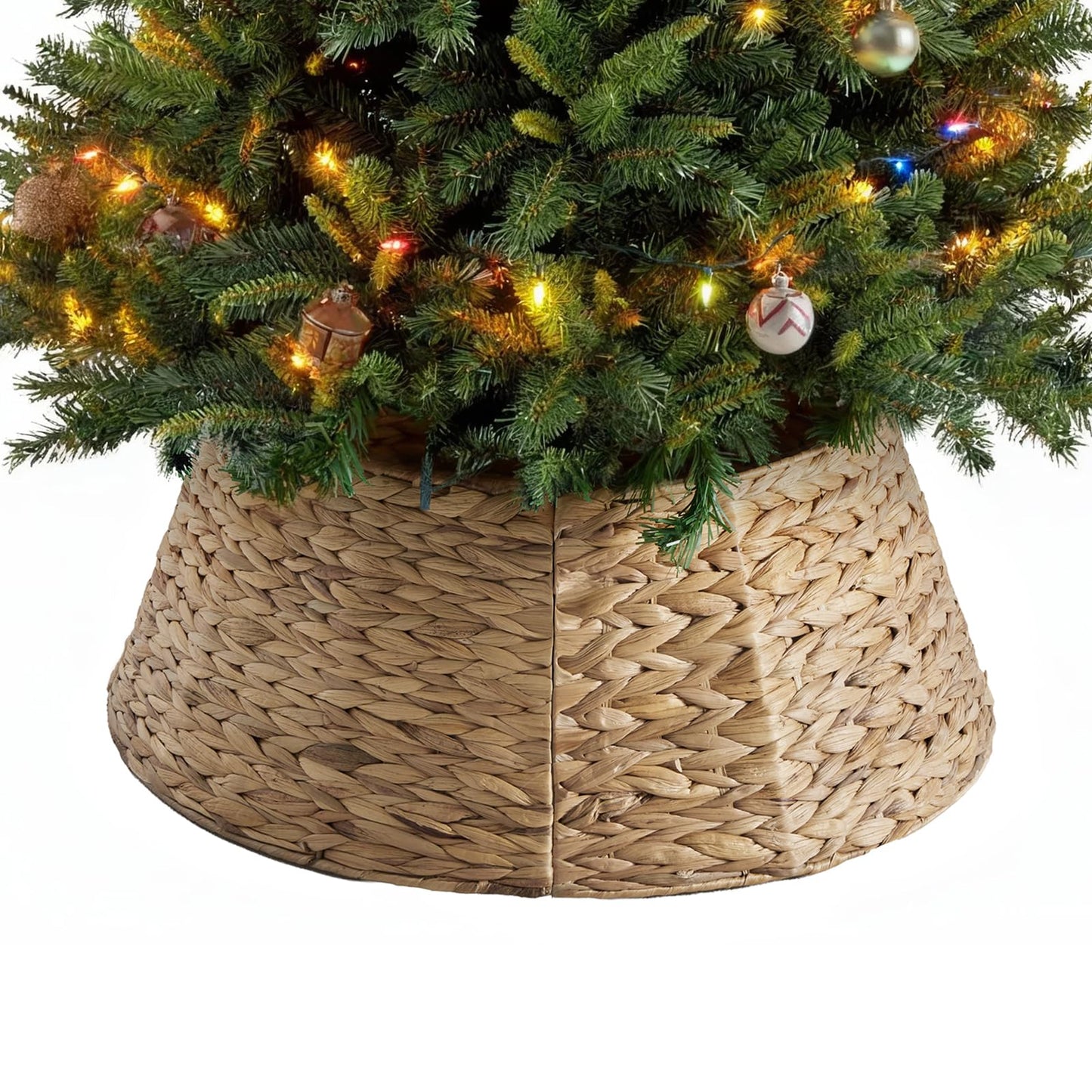 DUMOS 24in Christmas Tree Collar for 4-7ft Trees, Handcrafted Woven Hyacinth Rattan 4-Panel w/Cord Access Hole & Easy Lock Design, Holiday Decor, Natural