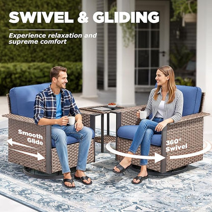 5 Pieces Outdoor Patio Furniture Set-High Back Wicker Patio Swivel Glider Chairs with 2 Multifunctional Ottoman and Glass Side Table, Outdoor Patio Conversation Sets for Porch Deck Brown/Blue