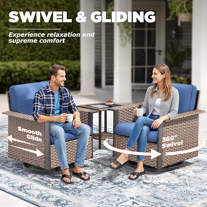 Patio Wicker Chairs Swivel Rocker-Outdoor Swivel Rocking Patio Chairs Set of 2,Wide Armrest Wicker Chair Outdoor Patio Furniture Set with Covered Cushions for Porch Balcony Patio Deck Brown/Blue