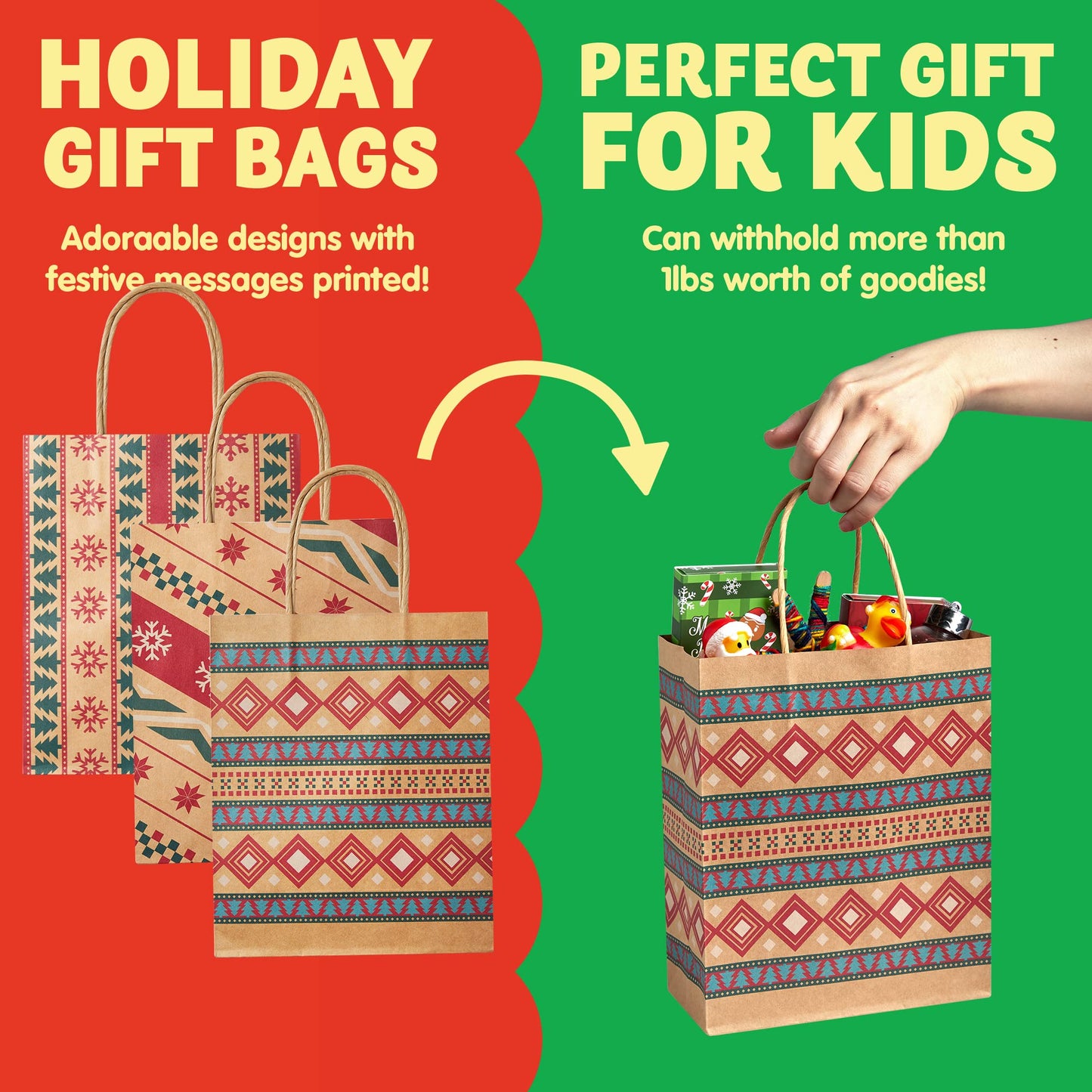 JOYIN 24 PCS Christmas Kraft Gift Bags for Present Wrapping, Holiday Paper Goody Gift Treat Candy Bags for Xmas Decor Supplies Classrooms Wedding and Party Favors (9" x 7.3" x 3.3")