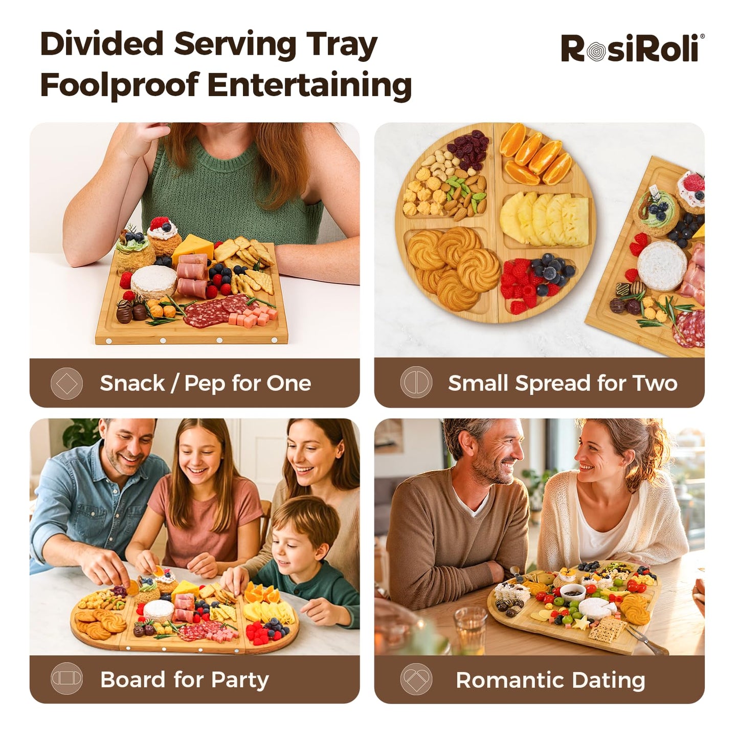 RosiRoli Charcuterie Board and Serving Set -Natural Bamboo Cheese Board Snack Tray Set with Magnetic - House Warming Gifts New Home, Wedding Gift, Bridal Shower Gift, Gifts for Mom & Women