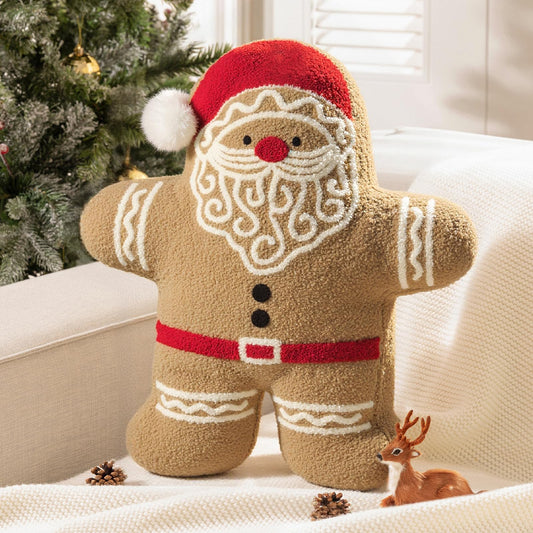 Phantoscope Gingerbread Merry Christmas Throw Pillow, Plush Teddy Xmas Gingerbread Santa Claus Shaped Pillows Christmas Decorative Pillow for Couch Living Room Bed, Beige, 20 x 16.5 inches