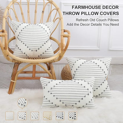 Mecatny Boho Outdoor Throw Pillow Covers 20X20 Set of 2, Farmhouse Decorative Pillow Covers for Couch Sofa Living Room, Grey & Cream White