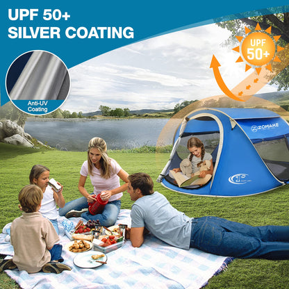Easy Pop Up Tent 4 Person Waterproof - Pop-Up Camping Tents Automatic Tent Throw Pop Up Instant Flip Pop Tent for Camping,by ZOAMKE(Blue)