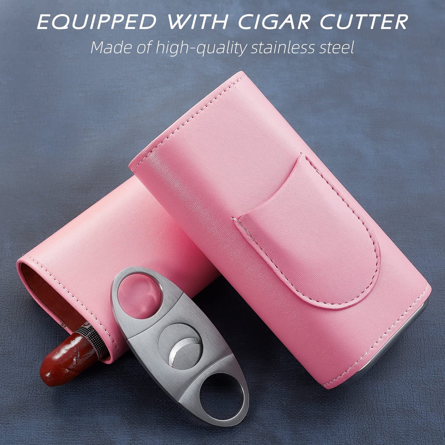 SEEJI Cigar Case, Cedar Wood Lined Travel Cigar Case Women, Cigar Humidor Accessories, 3-Finger Cigar Box with Stainless Steel Cigar Cutter Pink…