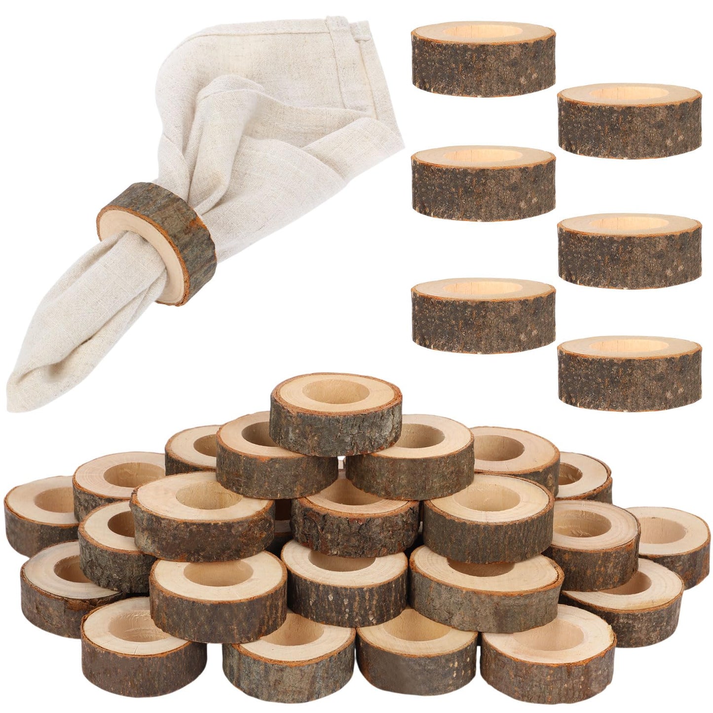 LemonRoad Set of 100 Wooden Napkin Ring Handcrafted Wooden Napkin Holder Rustic Dinner Ring Buckle Party Gift Farmhouse Table Decoration for Dining Wedding Birthday(Bark Style,2.17-2.76 Inches)