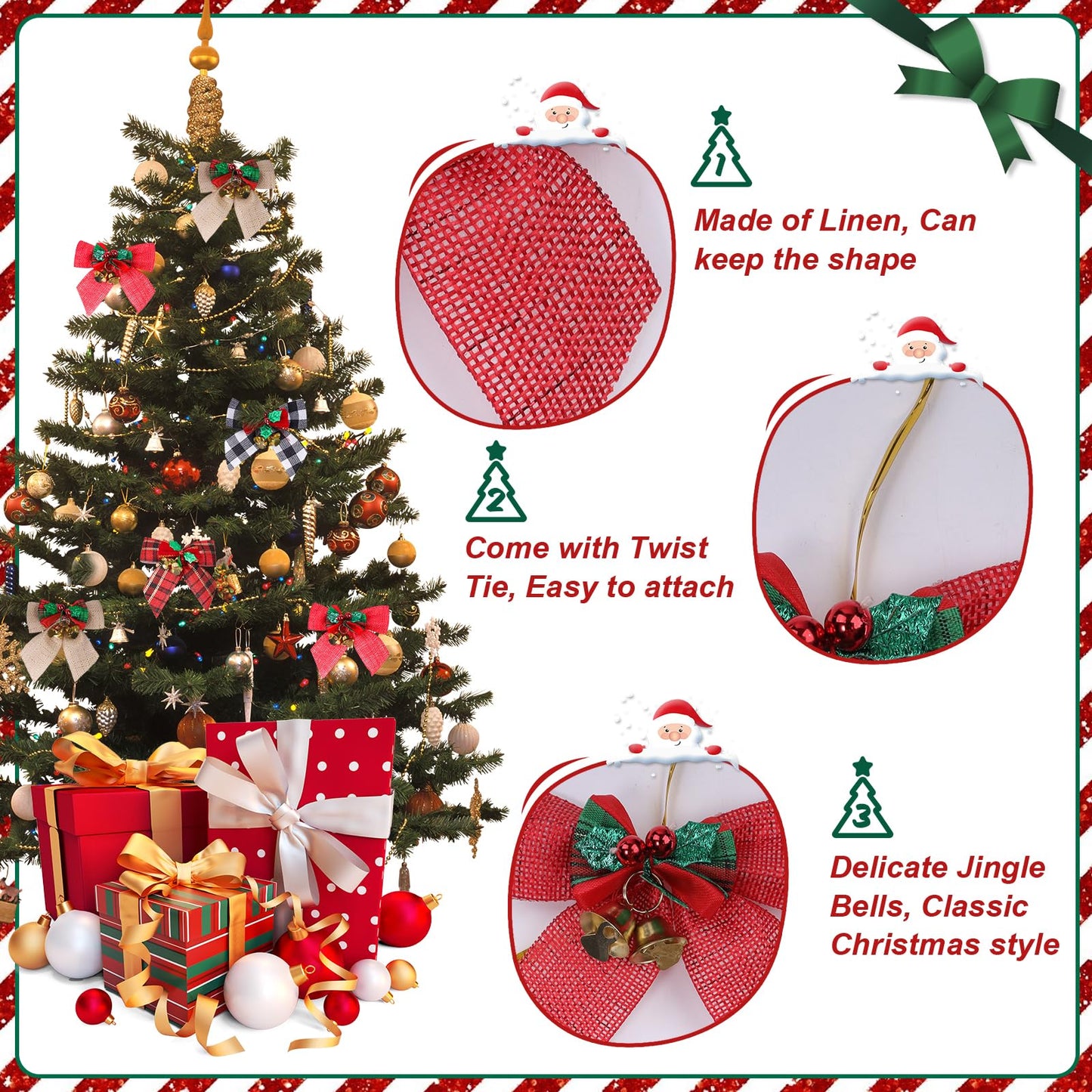 YBB 24 Pack Christmas Tree Bows, Buffalo Plaid Linen Bowknot Red Wreath Bow with Jingle Bells for Christmas Garland Tree, Crafts, Wrapping, Wreath Xmas Hanging Ornaments Decor