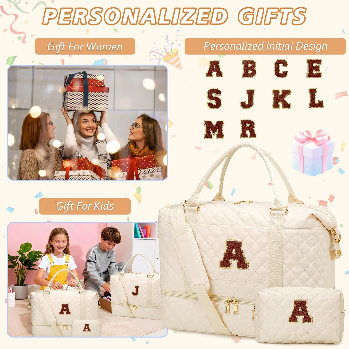 Gifts for Women Initial Travel Duffle Bag Quilted Weekender Bags Carry-On Overnight with Cosmetic Bag, Gym Bag with Shoe Compartment Hospital Bag for Women Labor Delivery, Beige-A