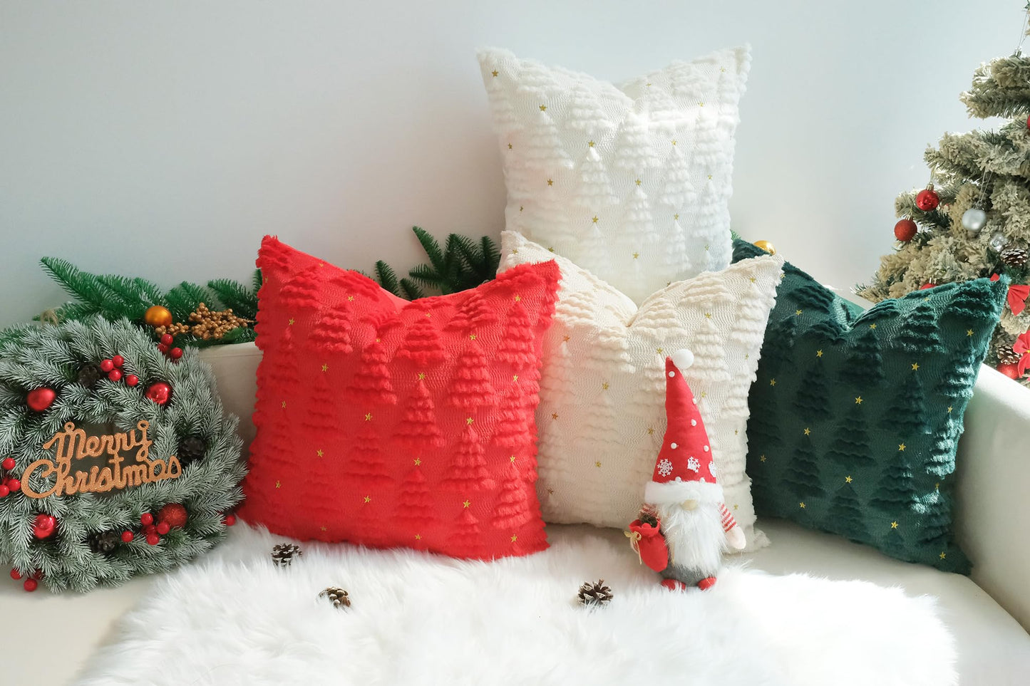 JOJUSIS Decorative Pillow Covers Pack of 4 Throw Pillowcases Faux Fur Couch Cushion (Christmas Tree, 18" x 18" (Pack of 4))