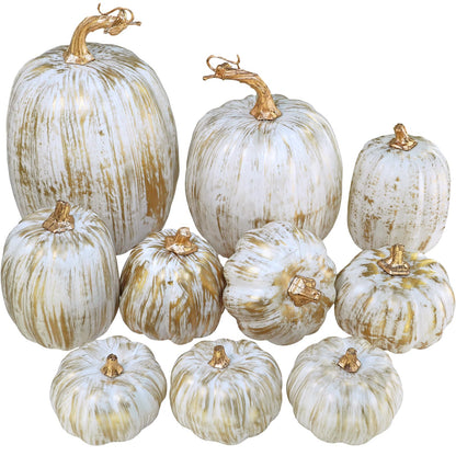 Winlyn 10 Pcs Assorted Fall Artificial Pumpkins - Gold & White Decorative Foam Pumpkins for Wedding, Thanksgiving, Halloween, Baby Shower, Tabletop, Centerpiece, Mantel Decor