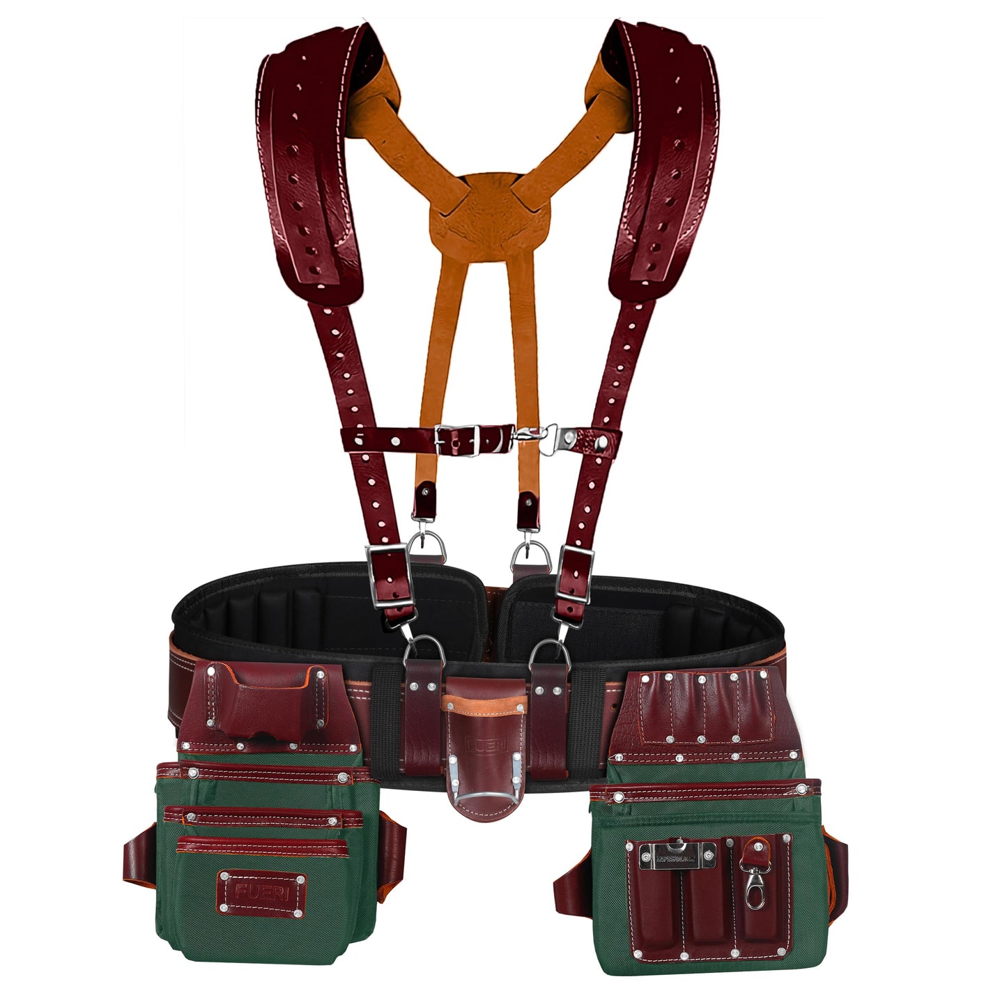 FUERI Electrician's Heavy Duty 26 Pocket Leather-Nylon Tool Belt & Suspender Combo, Comfort Back Support Padded Belt, 2 Large Storage Capacity Pouches, Best for Framers, Carpenter, Roofing