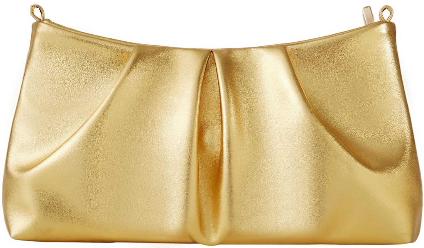 Vegan Leather Evening Bag Ruched Clutch Purse for Women Detachable Metal Chain Crossbody Bag（Gold）