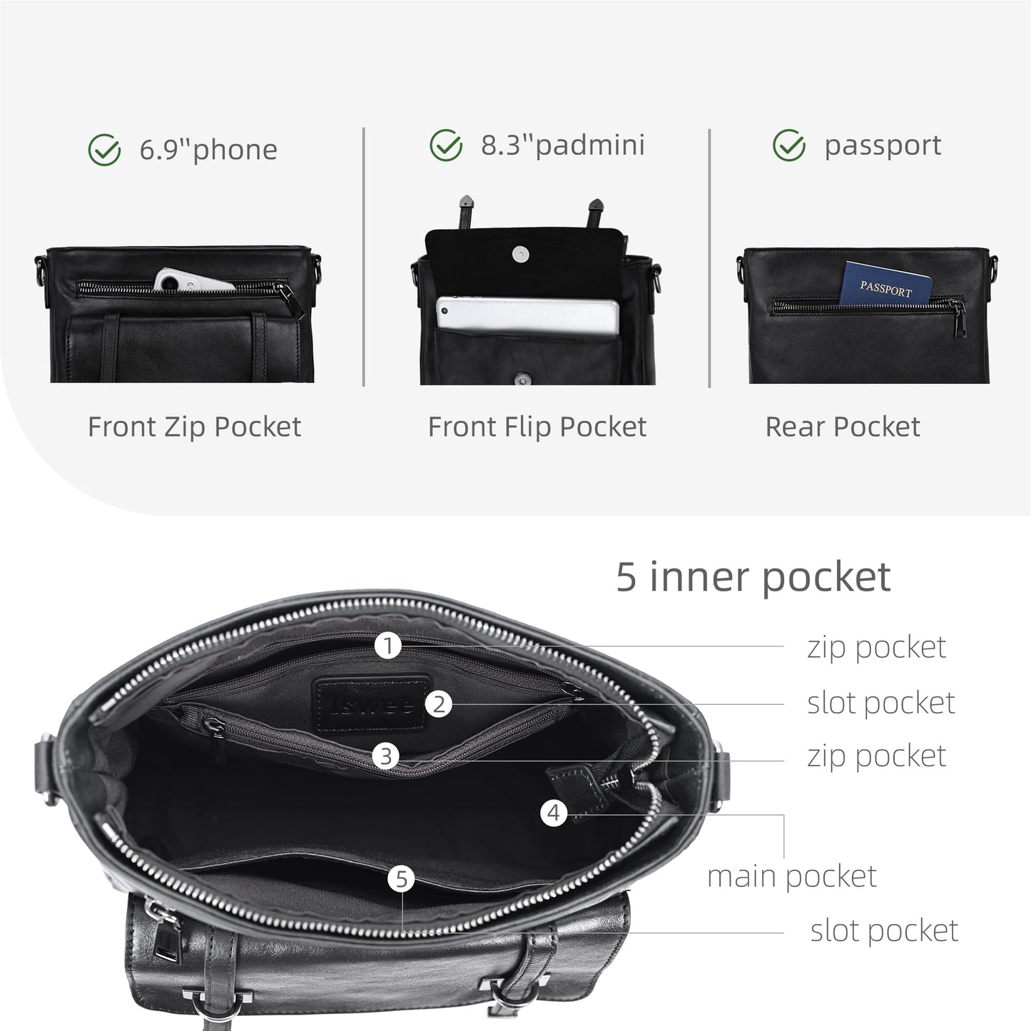 Iswee Soft Leather Crossbody Bags for Women Shoulder Handbags Multi Pocket Travel Purse with Adjustable Strap Medium Size (Black)