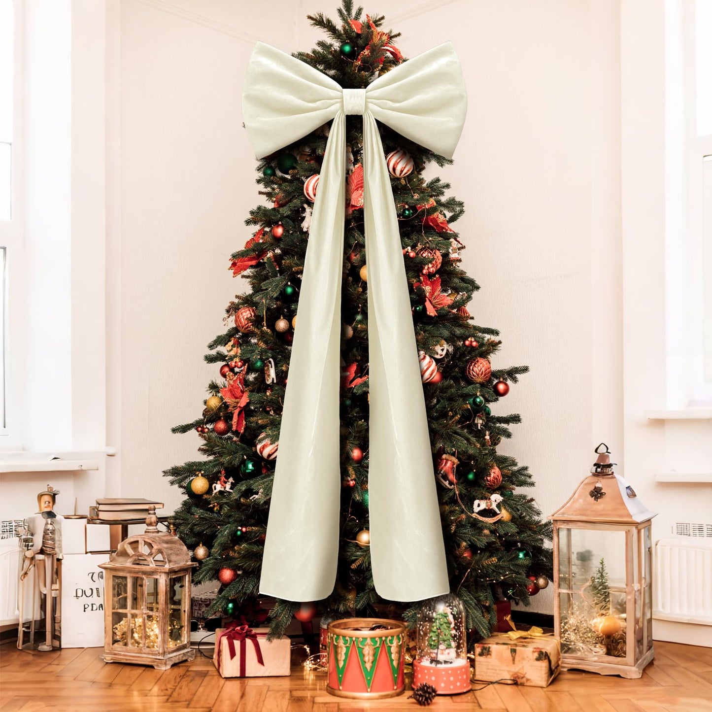 Knitgrip 20 x 71 Inches 1 Pack Christmas Extra Large Velvet Bows Christmas Tree Topper Bow Decor Giant Xmas Front Door Bows with Long Streamers for Home Wreath Wall Backdrop Party (Beige)
