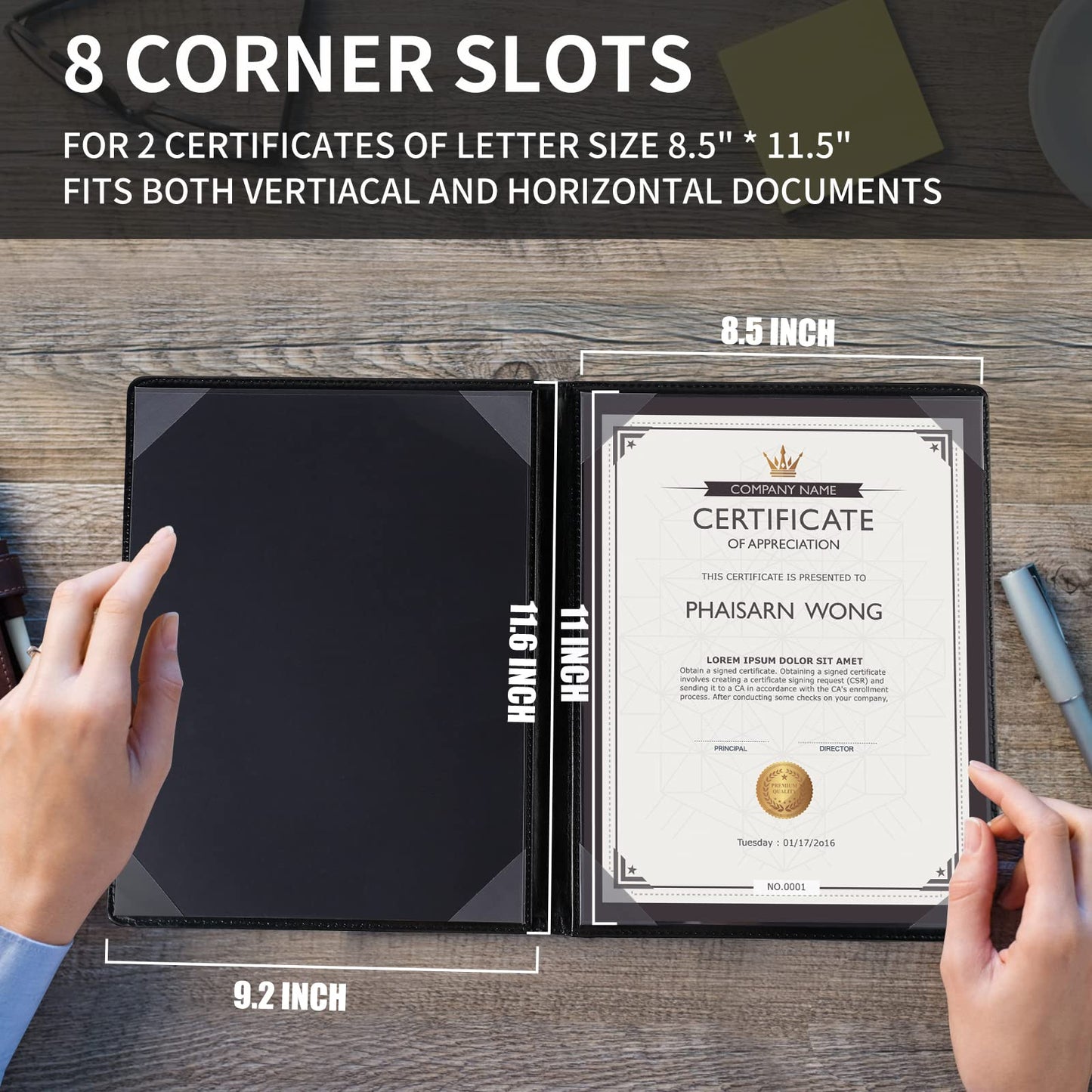 Diploma Cover 8.5 x 11 Leather Folder Certificate Holders for Letter-Sized Award Padded Cover - Black Leather